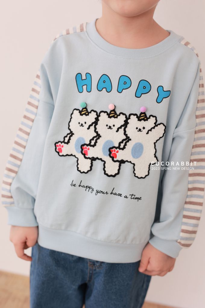 韓國 Coco rabbit - 跳舞小熊橫紋配色長袖上衣-天空藍