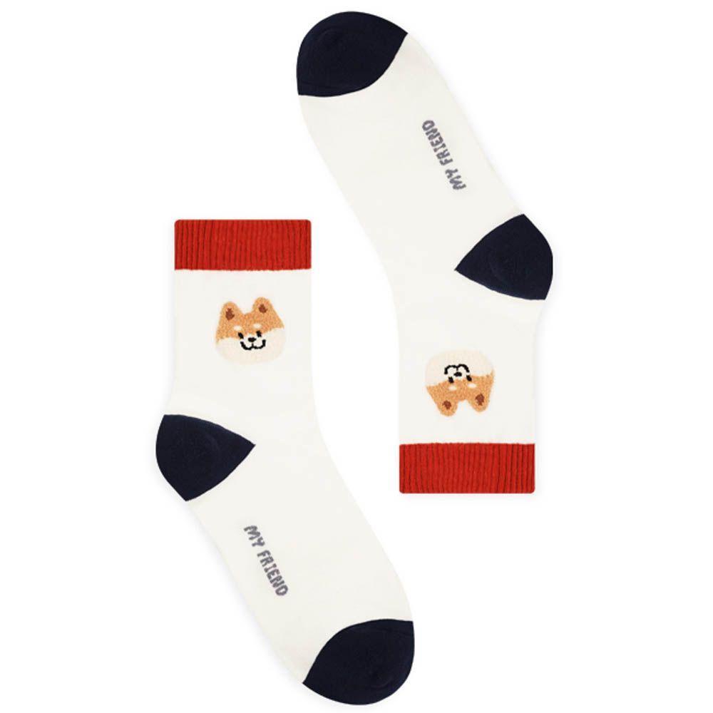 韓製動物毛巾繡彈性中筒襪-狗狗-白 (23-25cm)-1雙