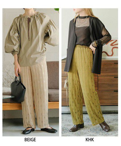 日本 Bou Jeloud - 蕾絲雕花垂墜寬褲-軍綠