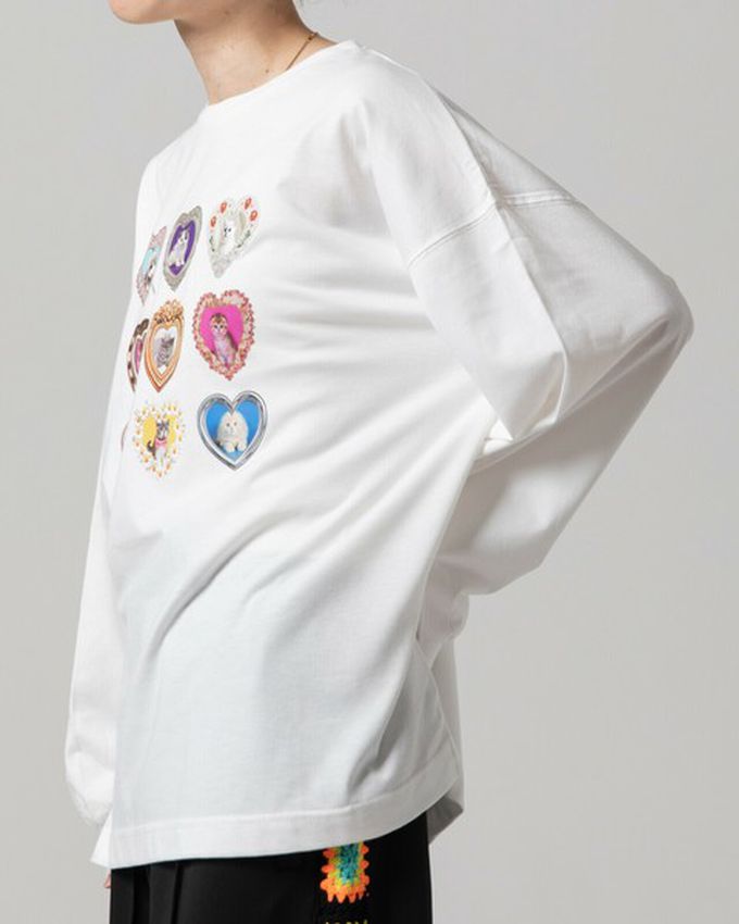 日本 gleam - 可愛貓咪相框寬版長袖T恤-白