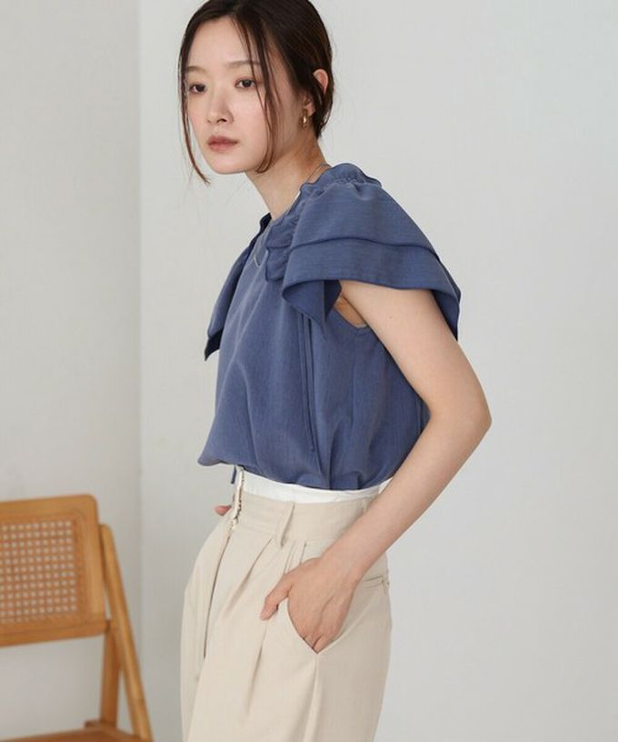 日本 Bab - 浪漫層次感荷葉短袖上衣-淺藍 (M)
