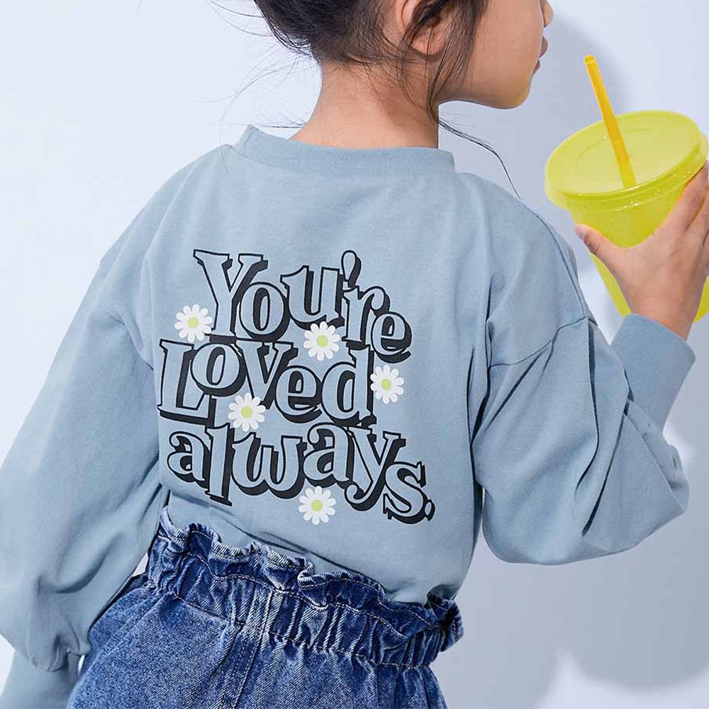 100%棉 女孩寬版長袖T恤-背後標語-煙燻藍