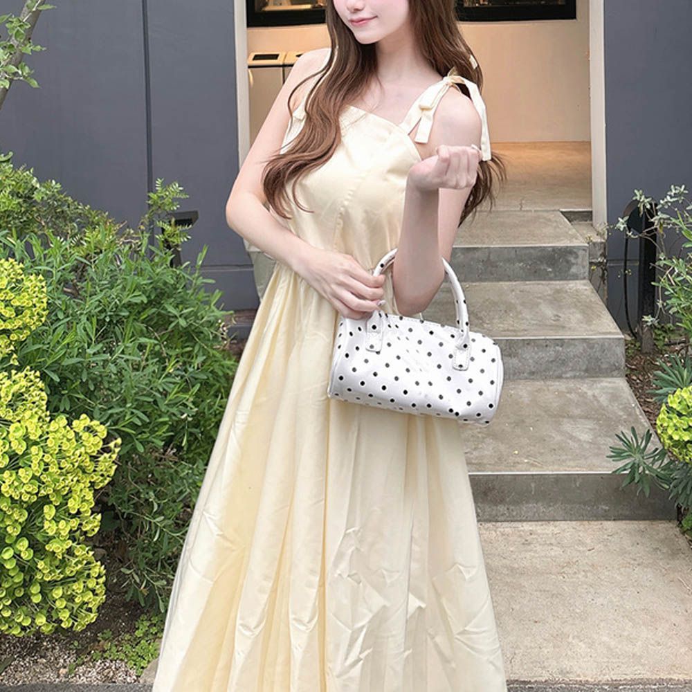 肩綁帶高腰甜美細肩帶洋裝-黃