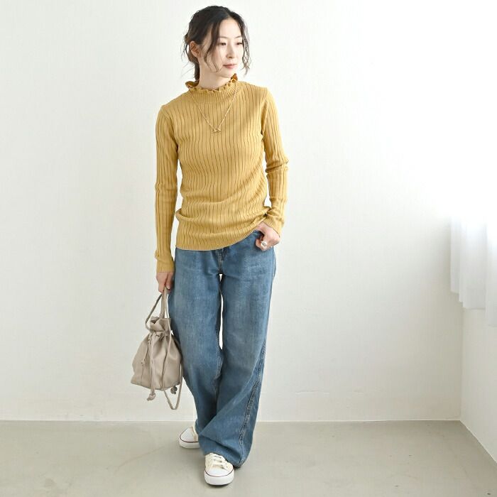 日本 ihuu - 百搭荷葉領羅紋薄針織上衣-芥末黃