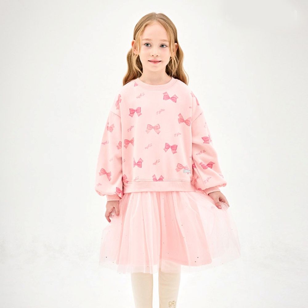 浪漫蝴蝶結內刷毛拼接網紗長袖洋裝-粉