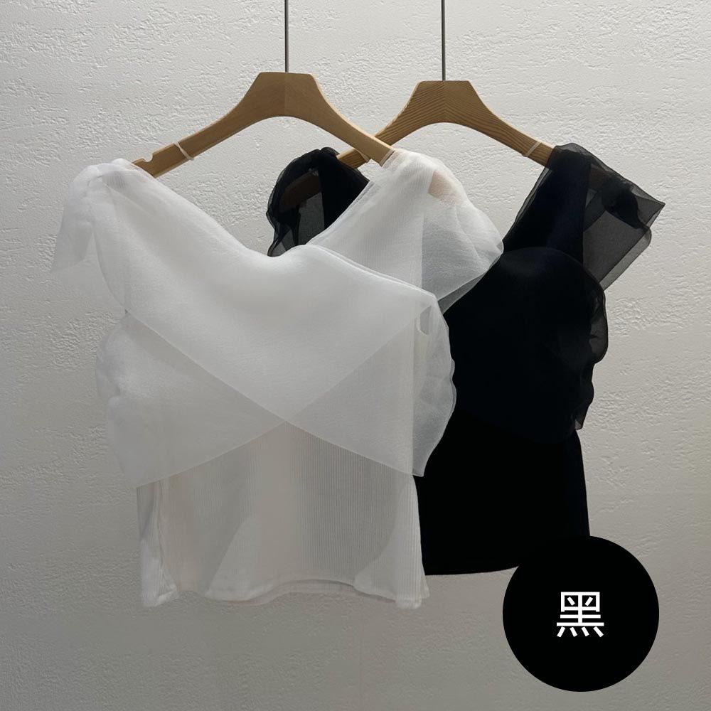 韓國女裝連線 - 造型交叉網紗點綴彈性上衣-黑 (FREE)