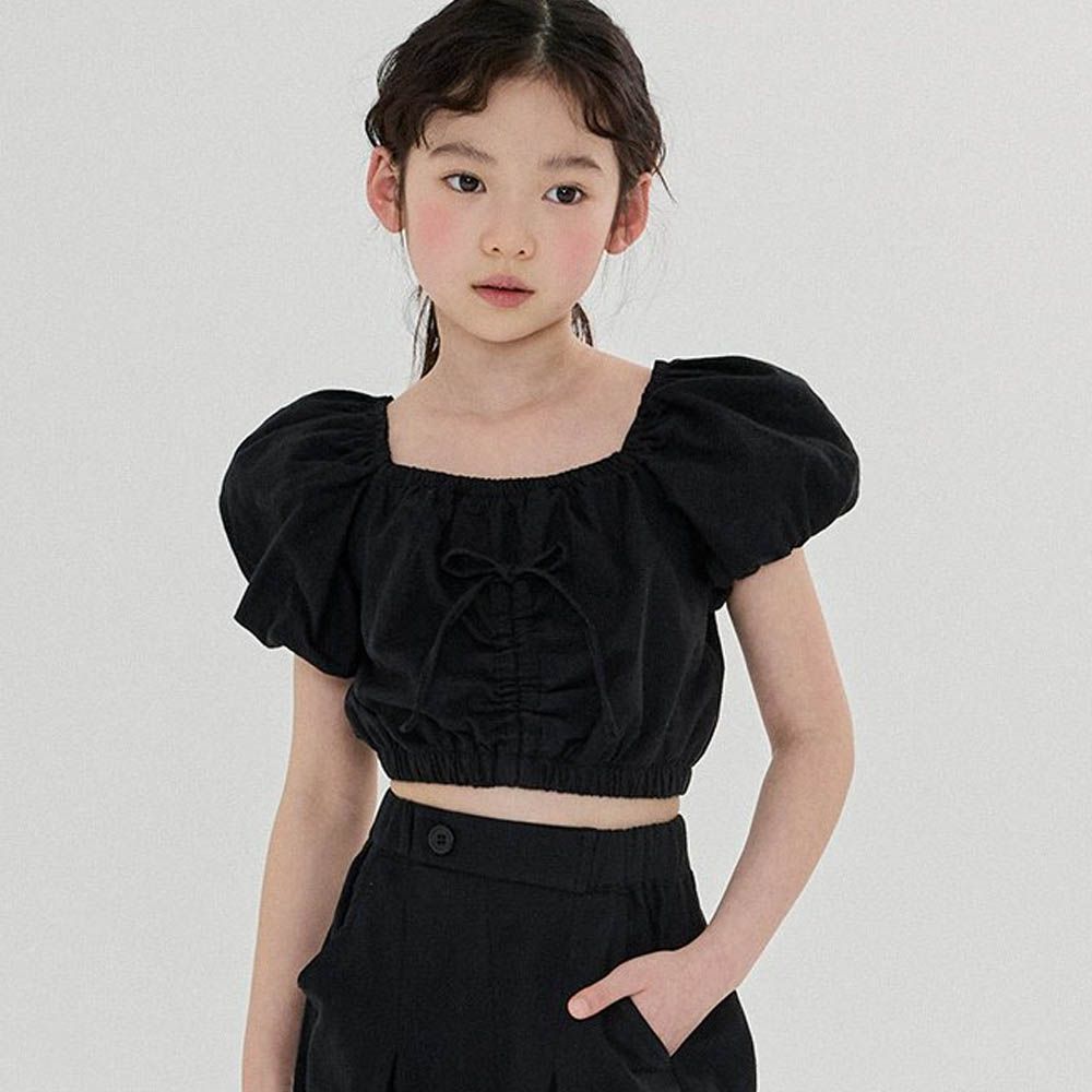棉麻透氣公主袖短版上衣-黑