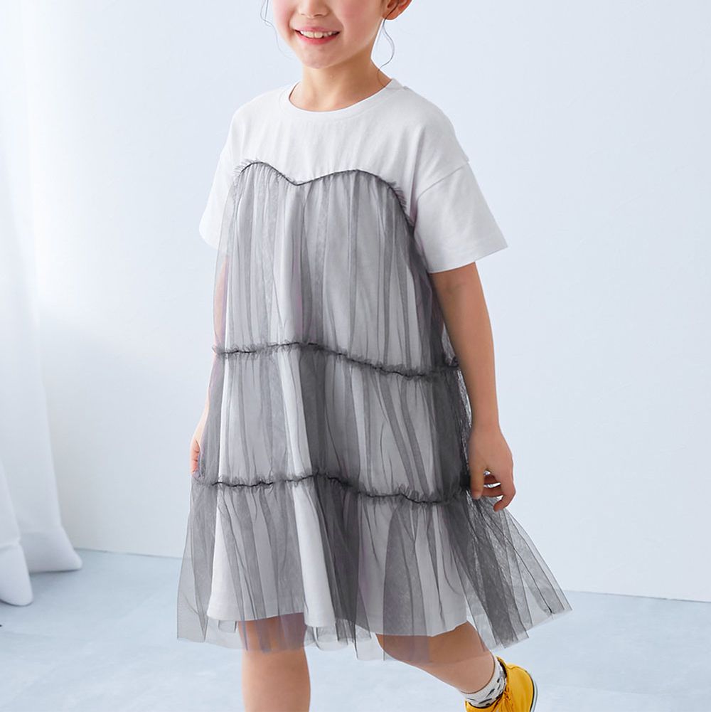 柔軟薄紗拼接甜美短袖洋裝-灰