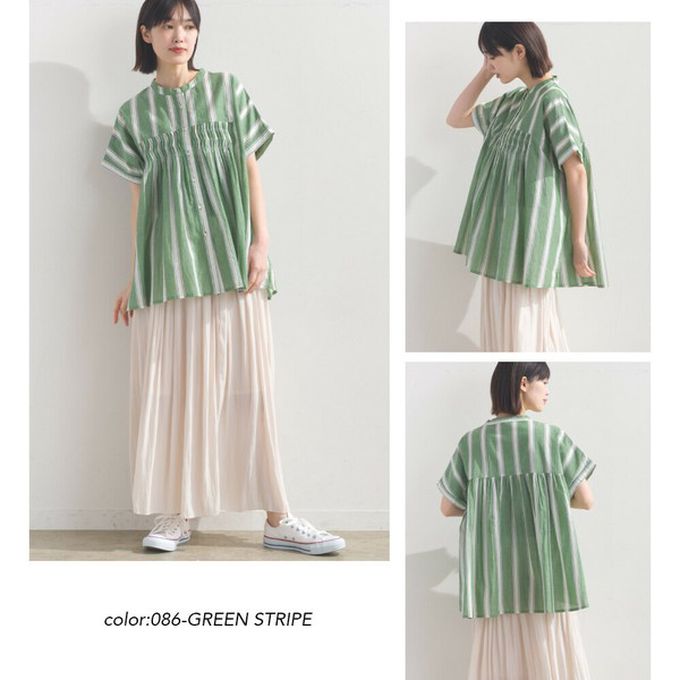 日本 OMNES - 100%印度棉 皺摺傘狀短袖襯衫-綠條紋