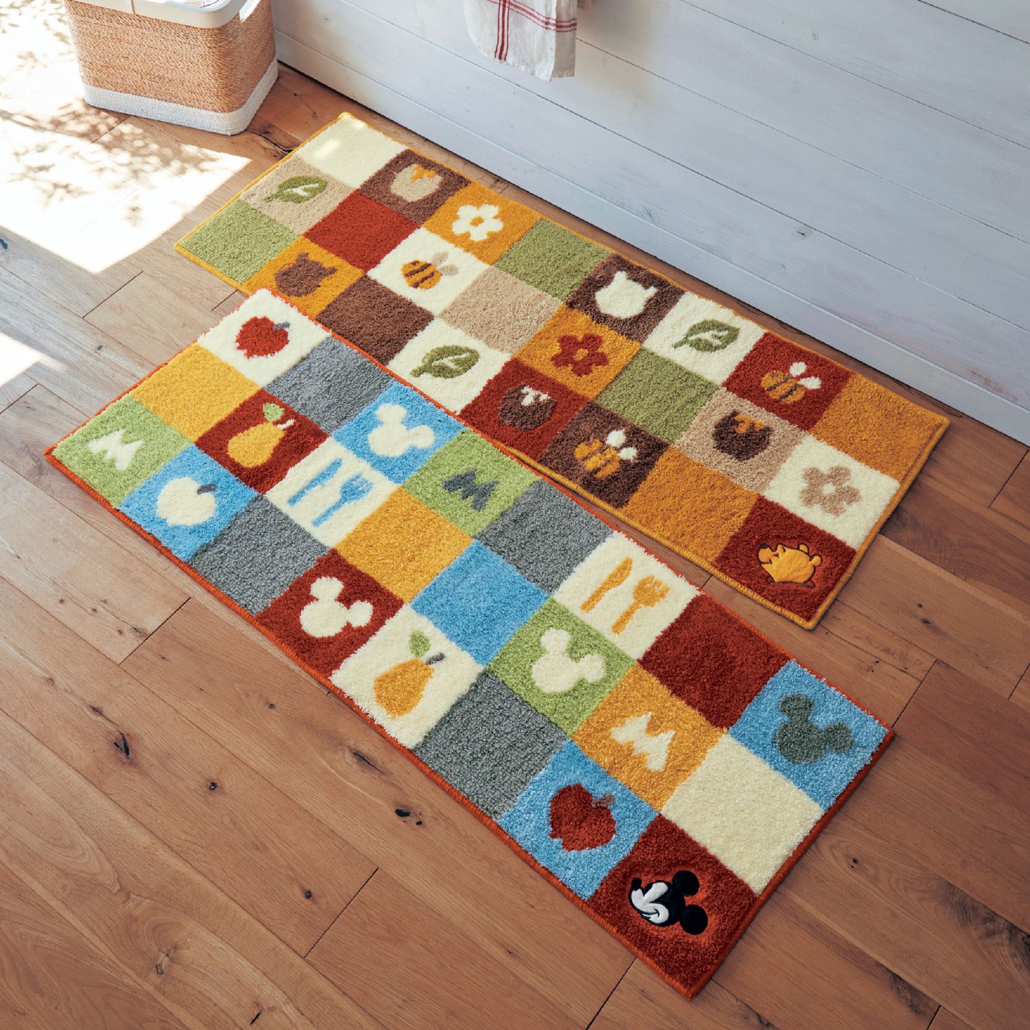 日本千趣會 - 迪士尼 長條型腳踏墊(廚房/臥室)-彩色方格 米奇-黃綠紅藍