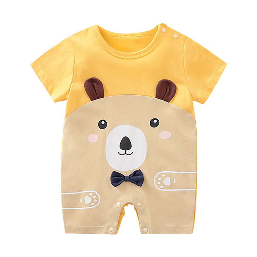 JoyNa - 棉質短袖包屁衣 短袖嬰兒服-深黃熊