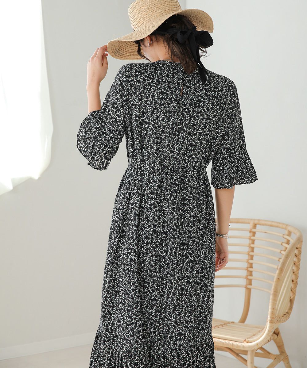 日本 Bab - 圓領碎花糖果袖洋裝-奶油白