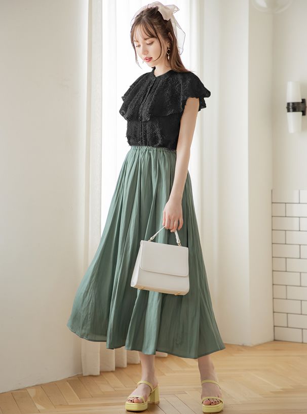 日本 GRL - 蕾絲大荷葉層次無袖襯衫-時尚黑