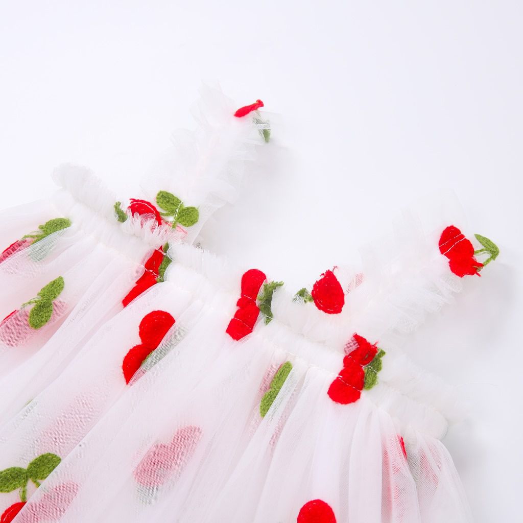 甜美吊帶連身紗裙洋裝-紅色鳳梨-粉色