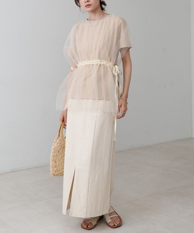 日本 Bab - 仙氣皺摺薄紗 腰綁帶短袖上衣-象牙黃