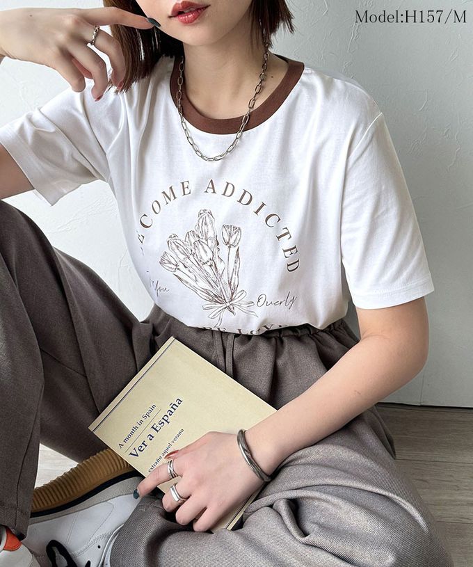 日本 Classical Elf - 法式休閒花束滾邊短袖上衣-白x棕