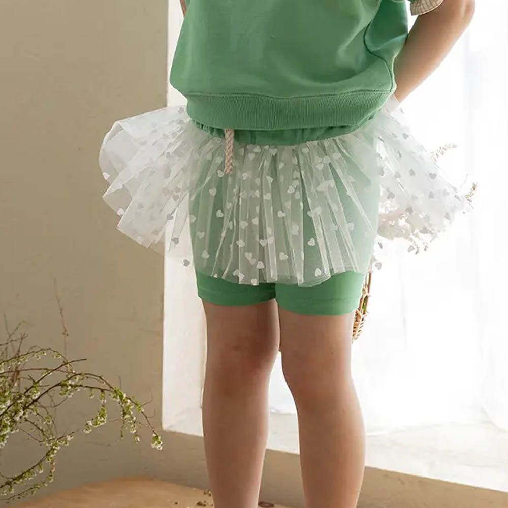 鬆緊腰心動網紗裙裝飾短內搭褲-綠