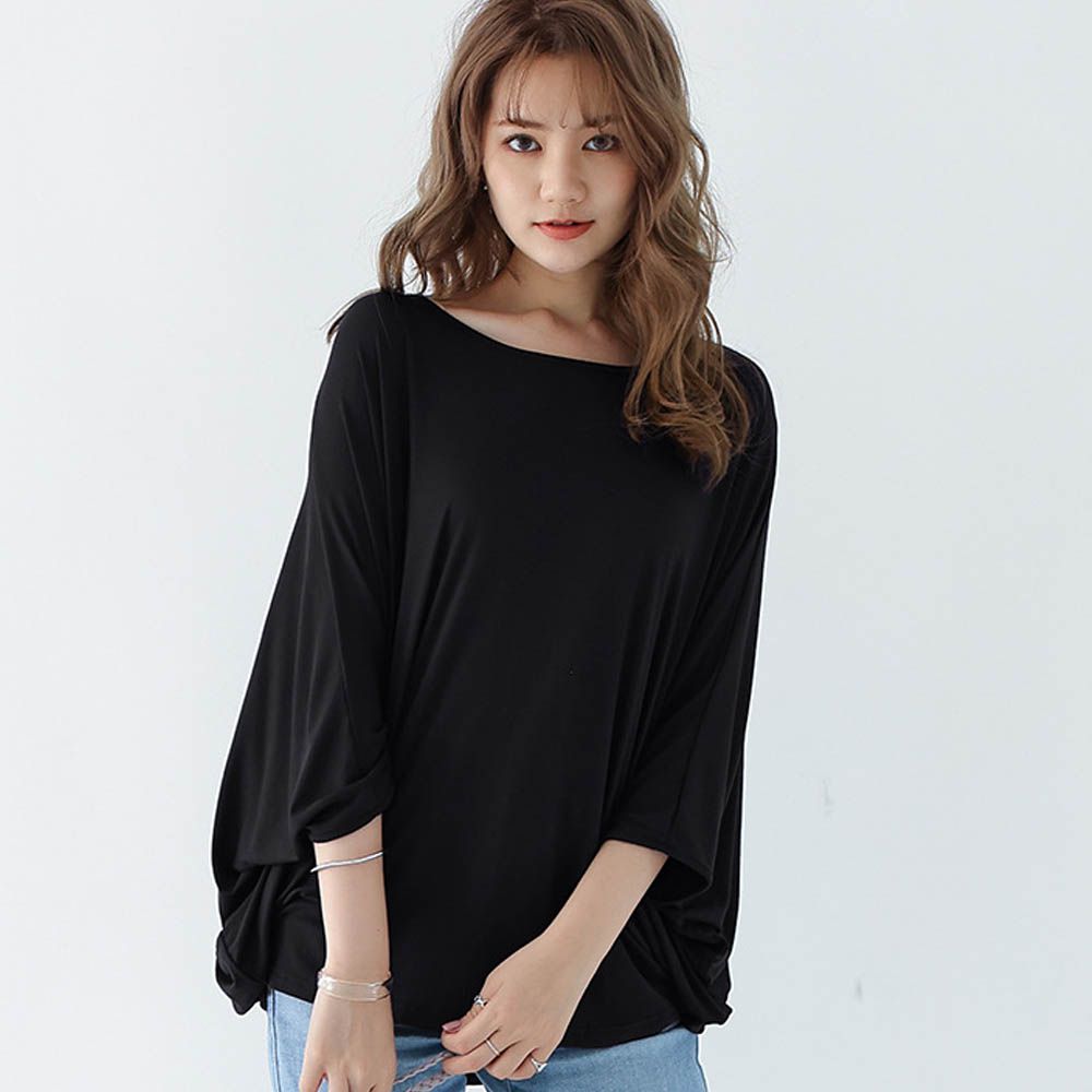 莫代爾3D剪裁瘦瘦蝙蝠袖上衣-黑色 (F)