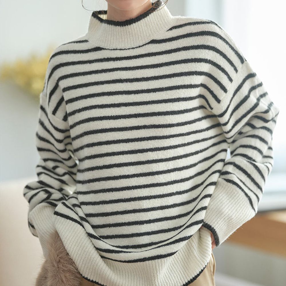 [可機洗]都會時尚柔軟寬鬆毛衣(選領)-黑白條紋
