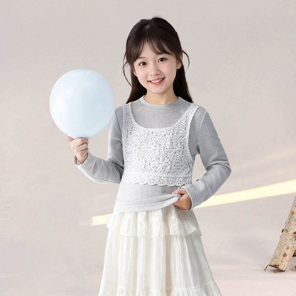 假兩件針織長袖上衣-蕾絲拼接-藍灰