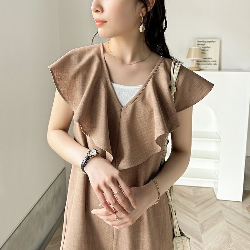 日本 Classical Elf - 浪漫荷葉V領無袖連身褲-摩卡