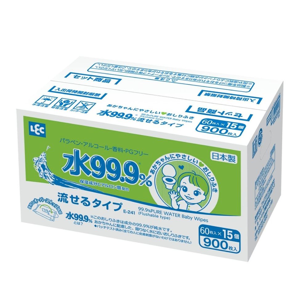 日本 LEC - 純水99.9%濕紙巾-可沖馬桶-箱購特價組 (免運)-60抽X15包入