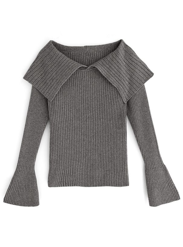 日本 GRL - 大翻領羅紋彈性薄針織上衣-奶茶 (F)