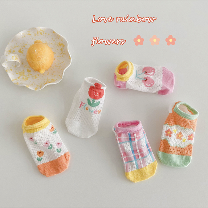 love, charlotte - 繽紛花朵櫻桃網眼隱形棉襪-5 雙一組