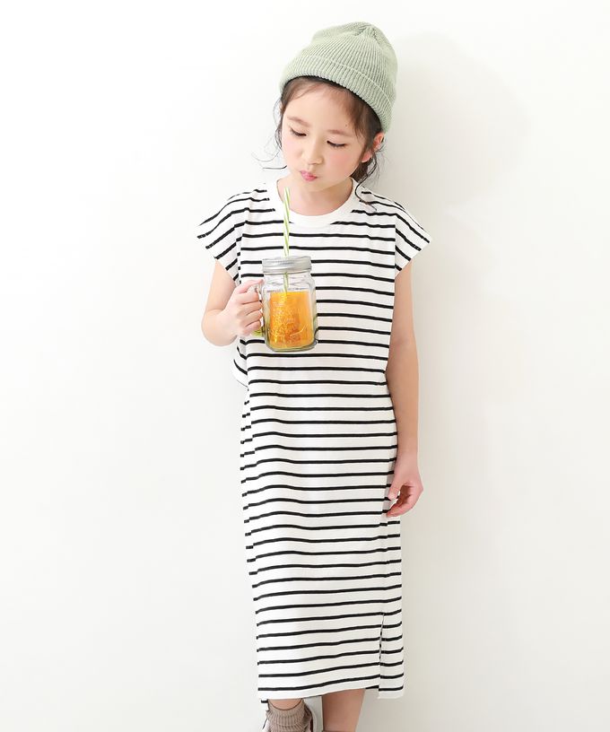 日本 devirock - 背後開口條紋休閒短袖洋裝-白黑x橘