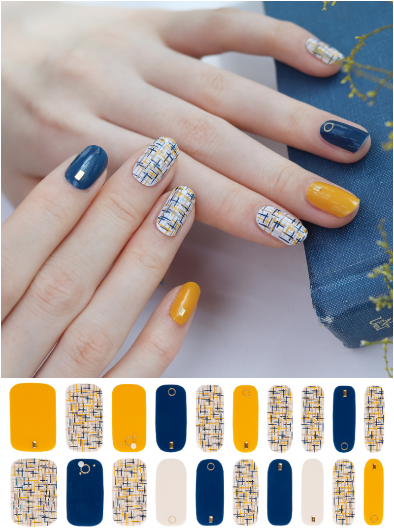 韓國 Glossy Blossom - 美甲貼-藍黃格紋-一張20貼+美甲貼磨甲棒