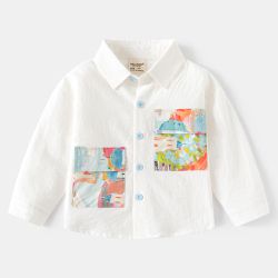 WELLKIDS - 純棉休閒長袖襯衫-抽象印花-白色