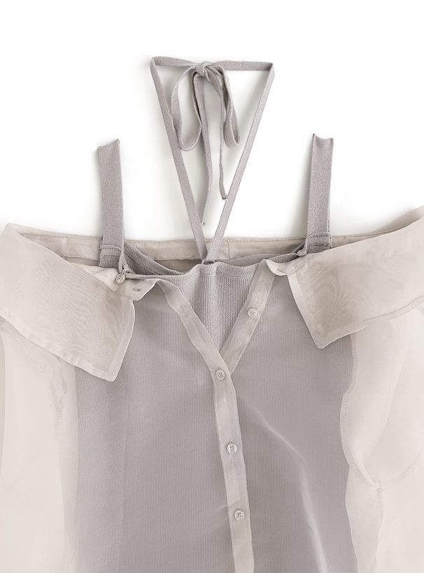 日本 GRL - 浪漫透膚吊帶針織兩件式洋裝-淺灰棕