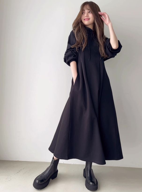 日本 GRL - 休閒感收腰連帽長袖洋裝-黑 (F)