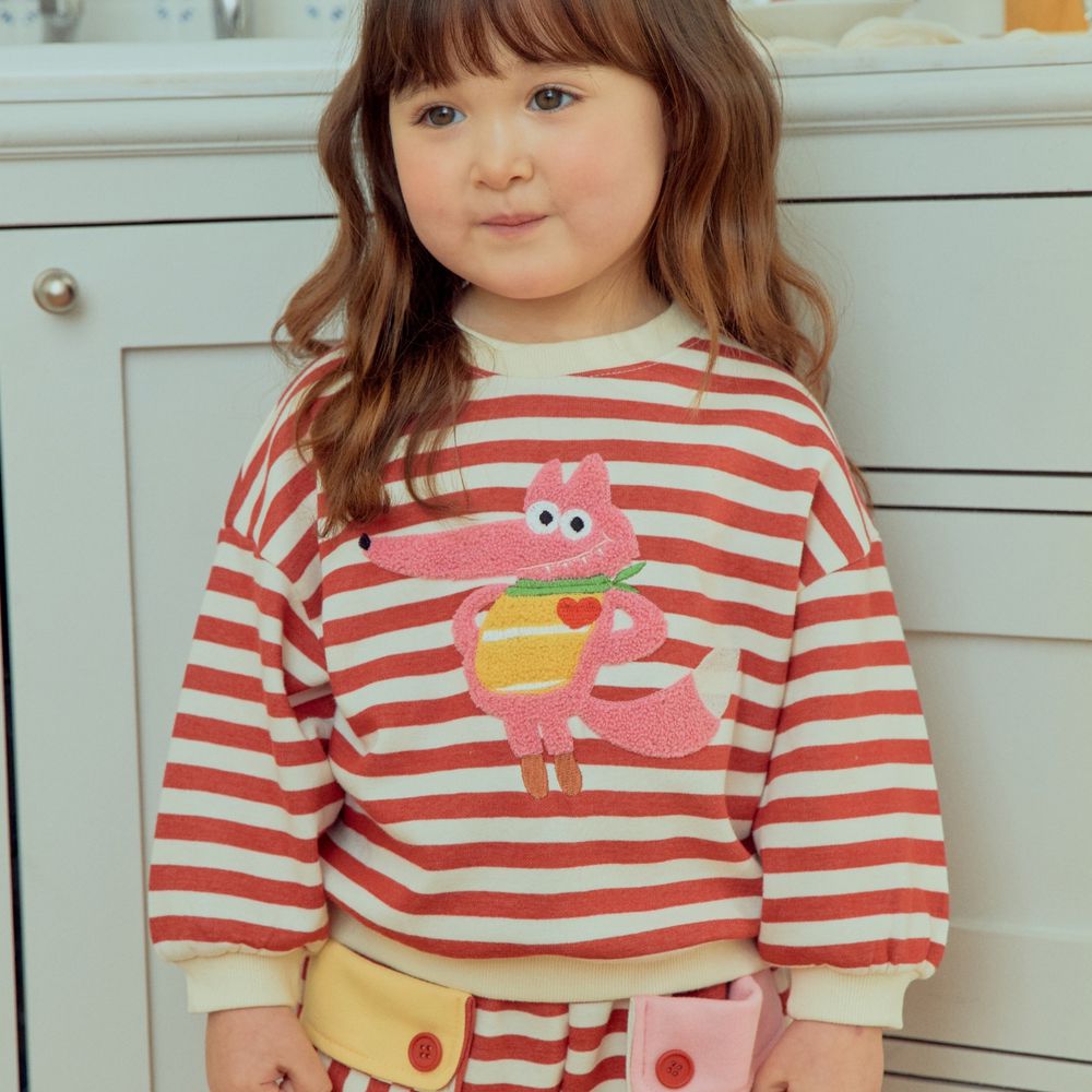 First Blue 毛圈立體刺繡條紋長袖大學T-狐狸-紅