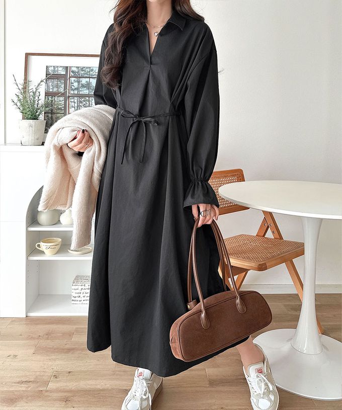 日本 Classical Elf - 糖果袖束腰修身立領長袖洋裝-黑