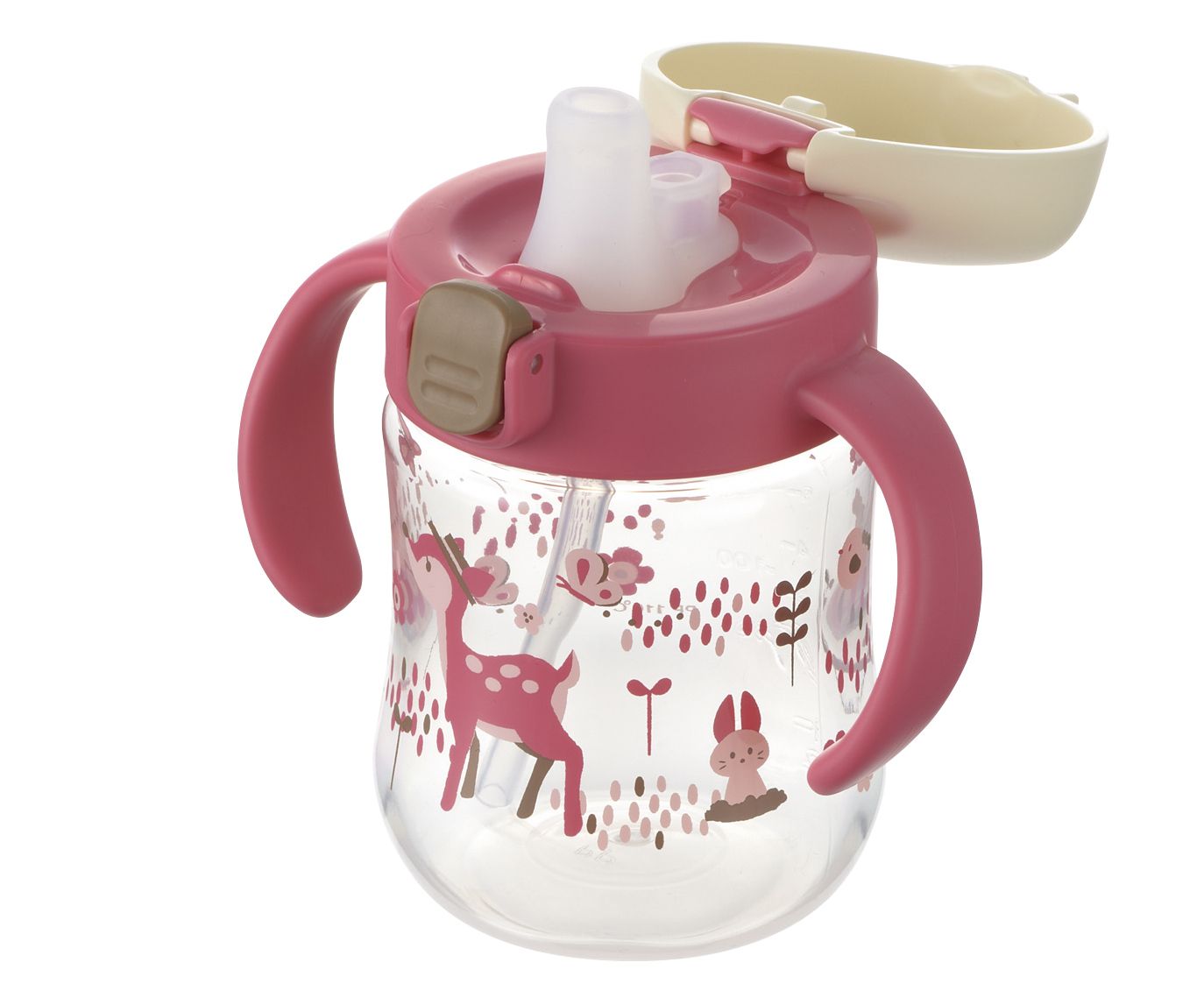 日本 Richell 利其爾 - 花間鹿三階段水杯禮盒組-鴨嘴水杯、360度直飲上蓋(含墊圈)、吸管上蓋(含墊圈、吸管組/1組)-紅/粉