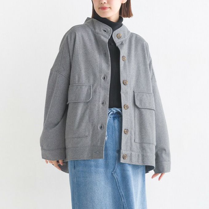 日本 OMNES - 人字紋休閒口袋俐落短版大衣外套-灰