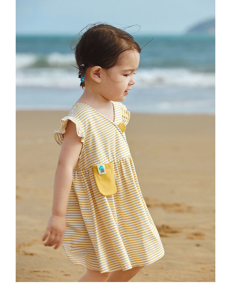 條紋荷葉袖連身洋裝-小口袋款-白+黃