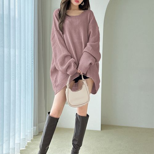 熱銷款 大圓領羅紋修身針織上衣-灰粉 (F)