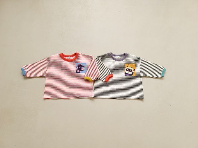 韓國 Mimico - 胸前童趣動物印橫紋長袖上衣-黑