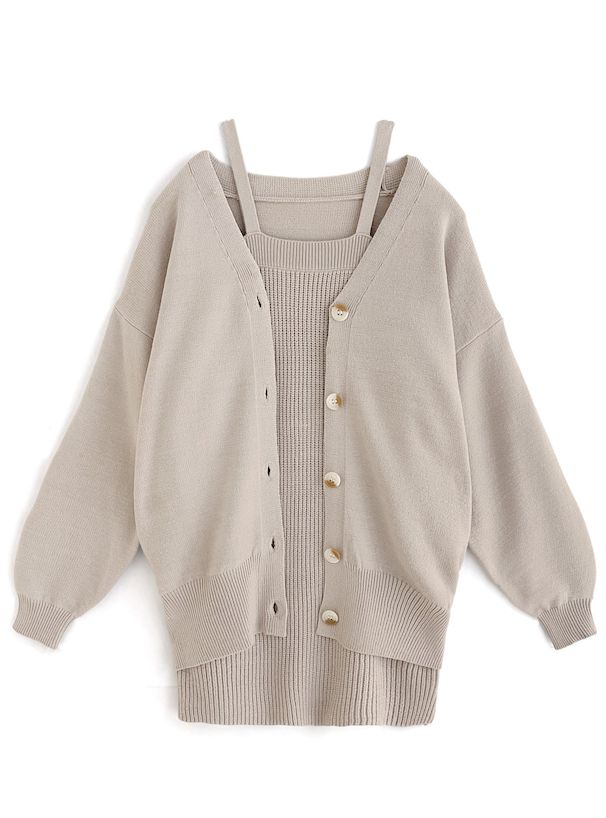 日本 GRL - 甜美針織洋裝+長版外套2件組-淺米杏