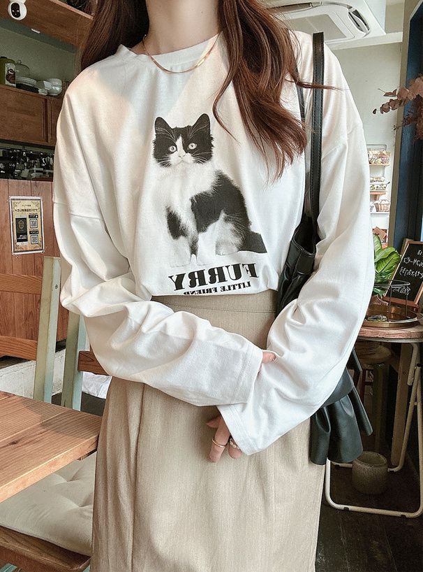 日本 GRL - 棉混圓領貓咪印花長T-賓士貓-白 (F)