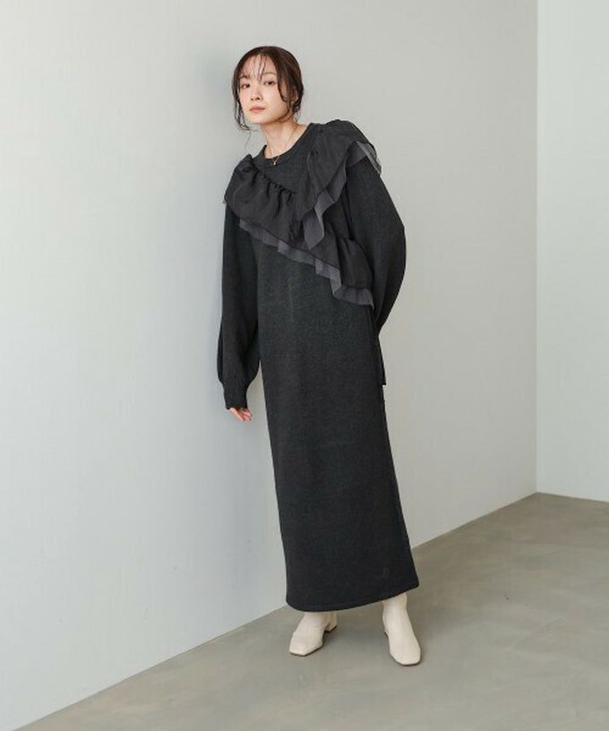 日本 Bab - 交叉薄紗荷葉柔美針織長袖洋裝-咖啡