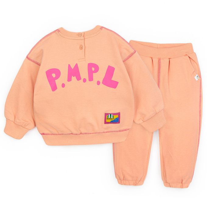 韓國 Pimpollo - 胸前鱷魚點綴圓領長袖套裝-粉橘