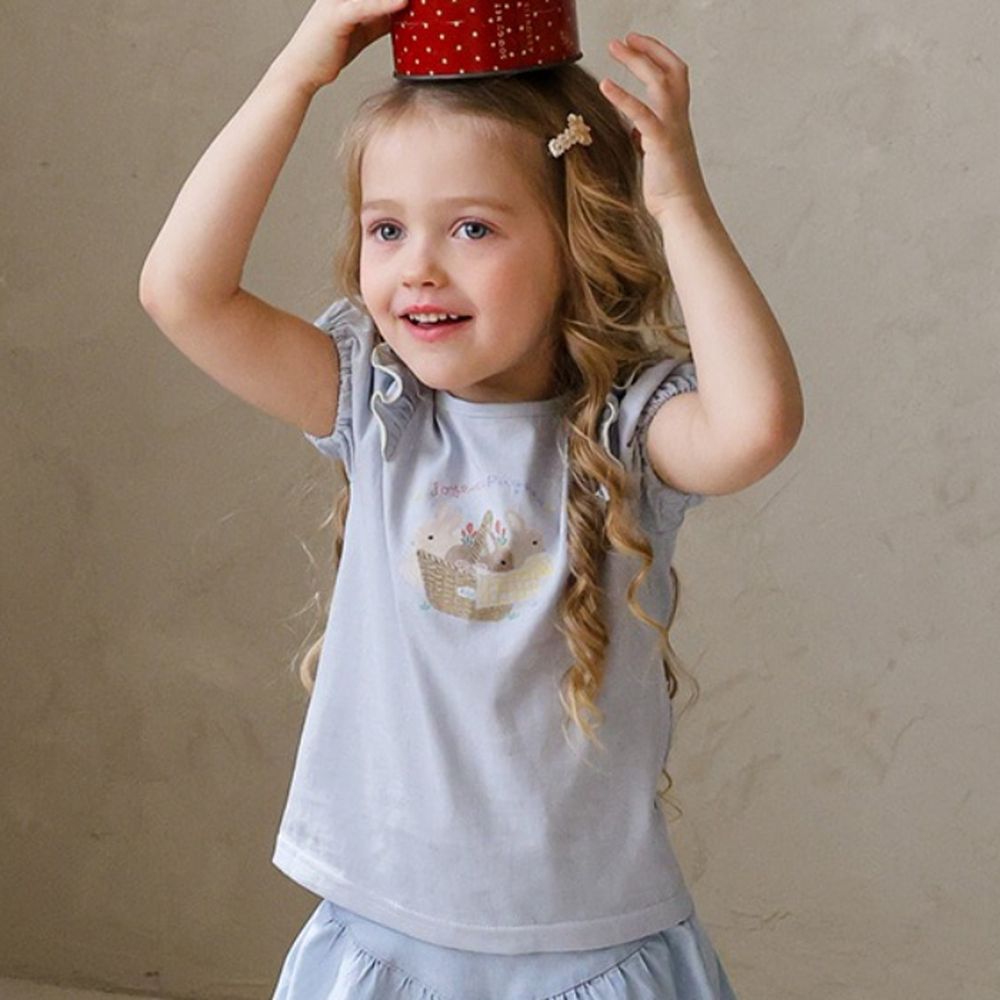 Puellaflo 竹籃兔兔泡泡短袖純棉上衣-淺灰藍