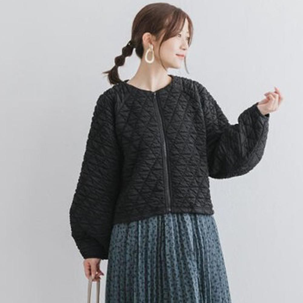 日本 ihuu - 輕盈感絎縫澎袖拉鍊外套-黑