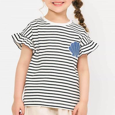 日本 apres les cours - 荷葉袖可愛女孩短袖上衣-貝殼-條紋