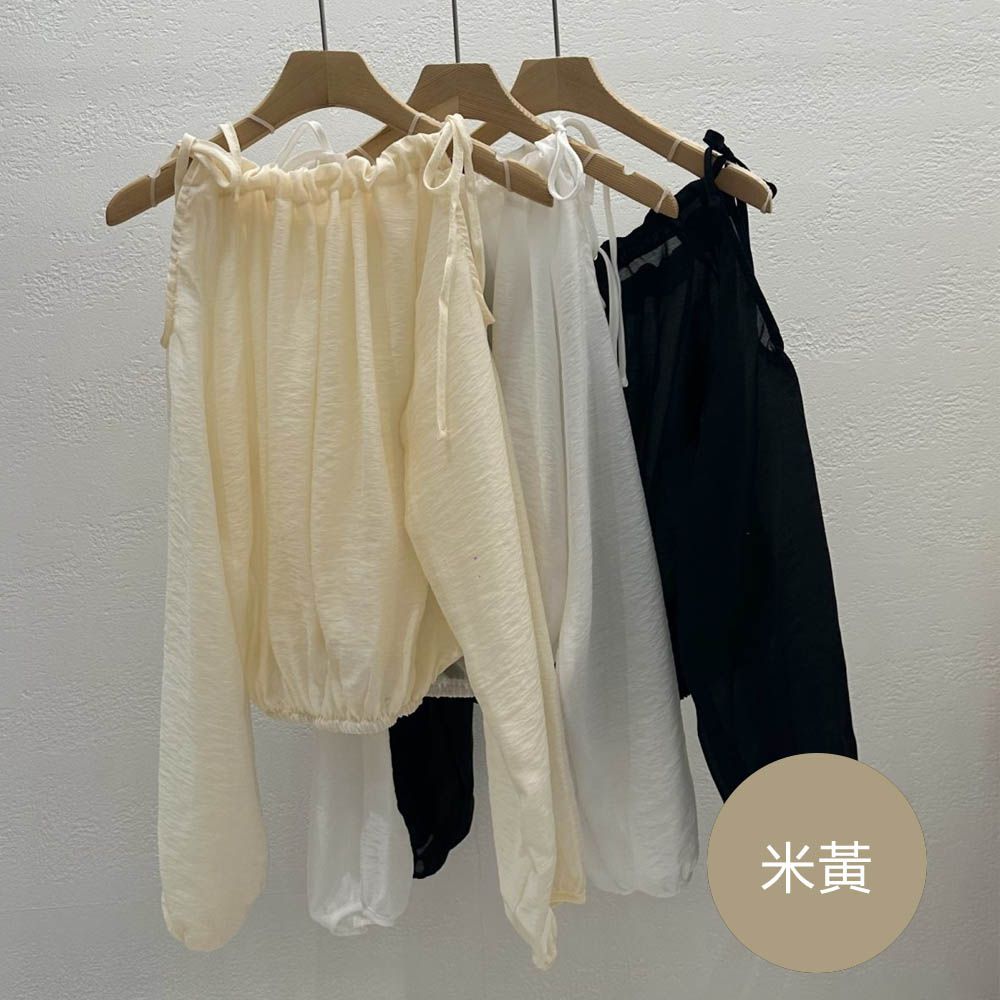 抽繩挖肩透膚雪紡襯衫-米黃 (FREE)