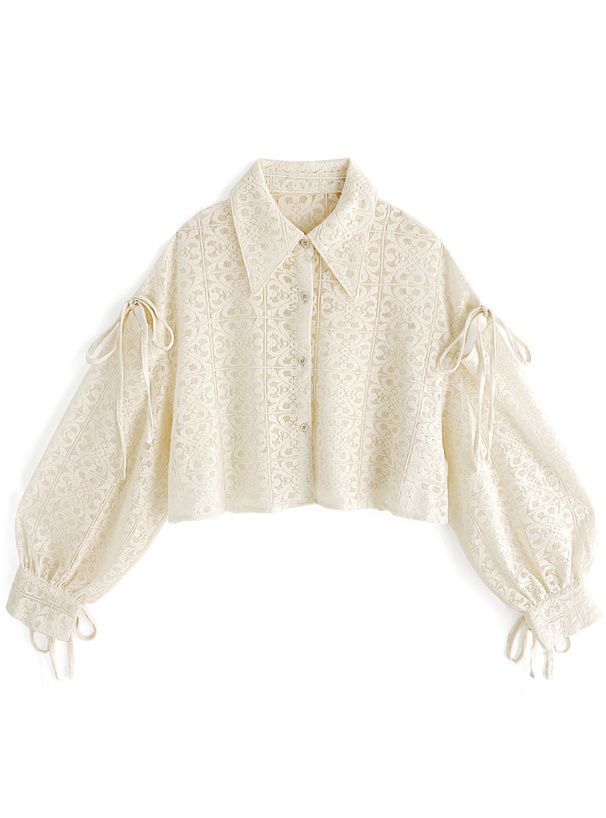 日本 GRL - 幾何雕花短版長袖襯衫-米杏 (F)