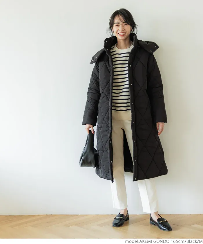 日本 COCA - 俐落長版絎縫鋪棉保暖外套(帽可拆)-咖啡